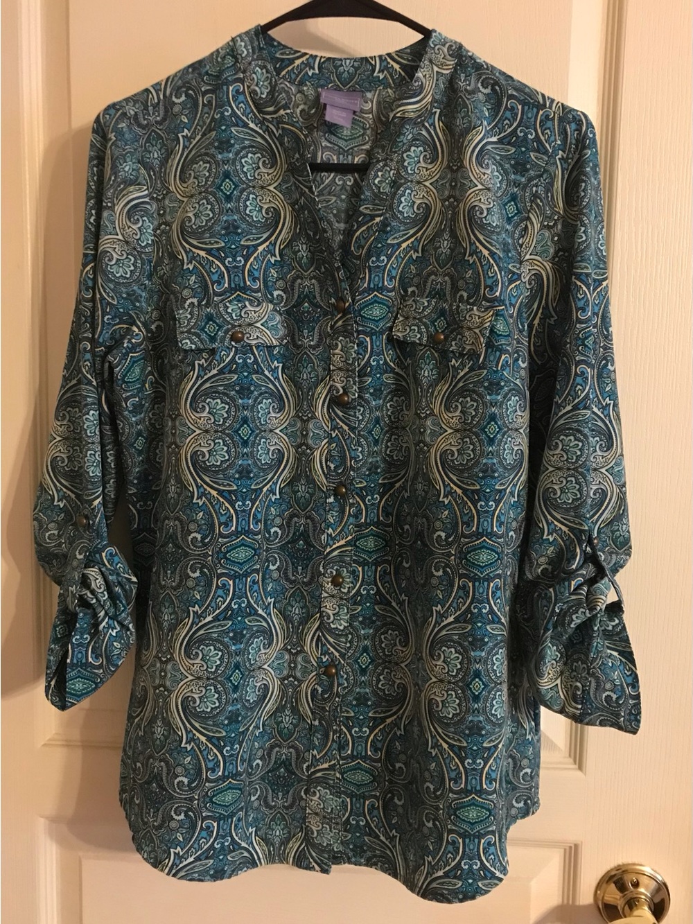 Laura Scott Teal Paisley Button-Down Blouse